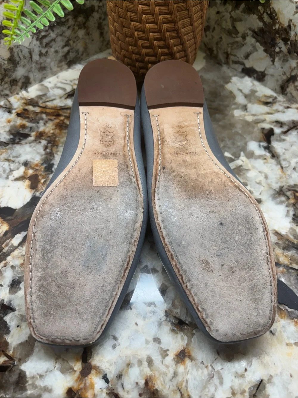 Tory Burch Gray Leather Logo Ballet Flats with Gold-Tone Accent